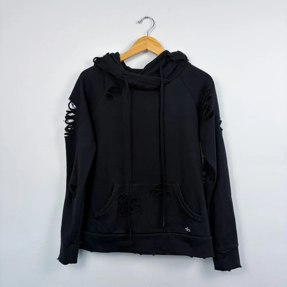 Alo Yoga Hoodie Distressed Ripped Pullover Sweatshirt Black